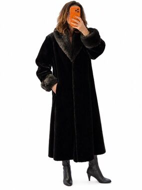 Vintage Olympia Black Velvet Full Length Faux Fur Shawl Coat Large